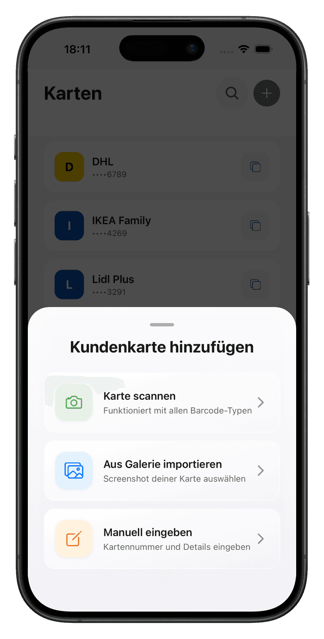 Bildschirm zum Hinzufügen einer Kundenkarte