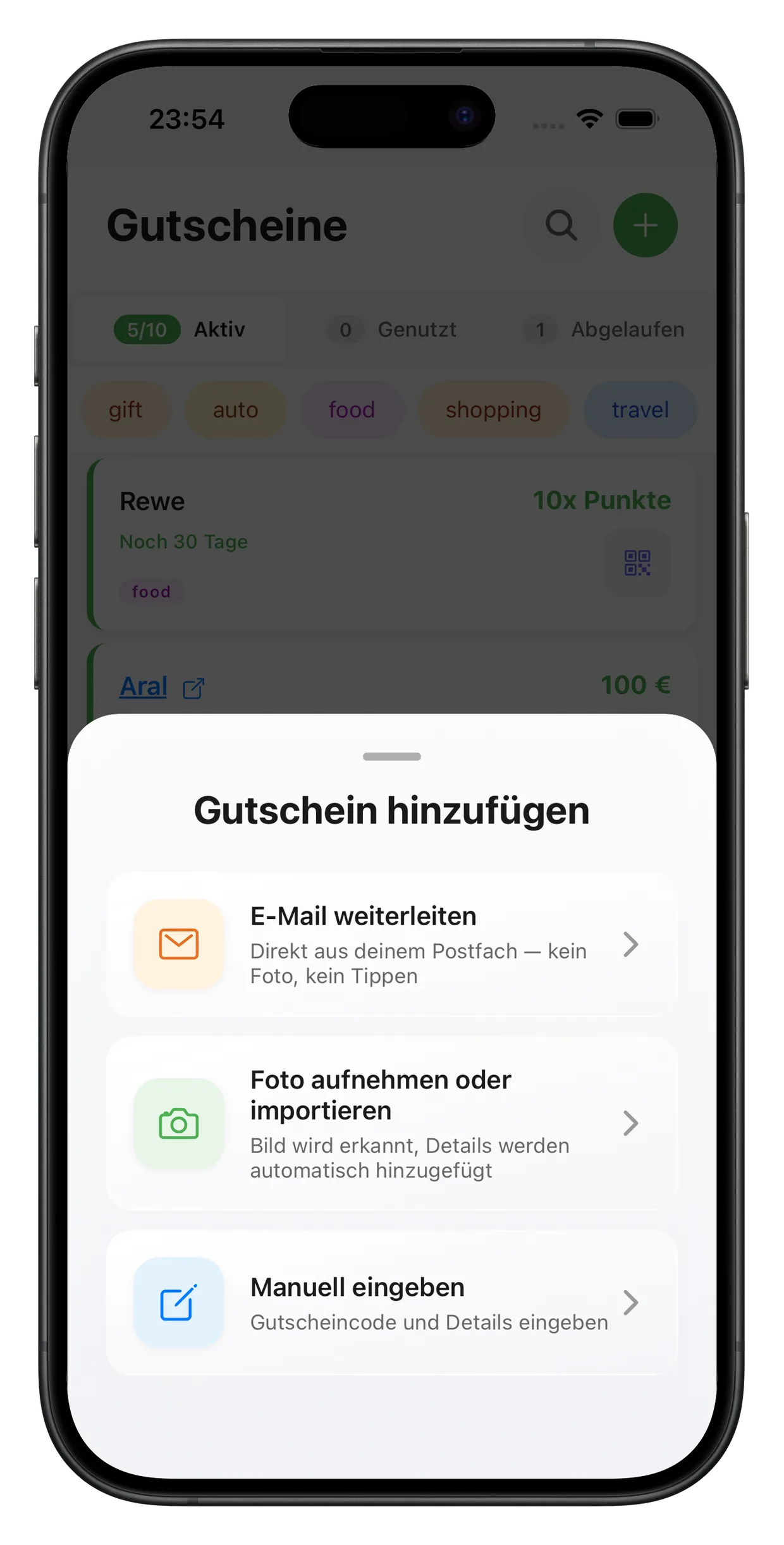 Gutscheinify App Bildschirm zum Hinzufügen von Gutscheinen