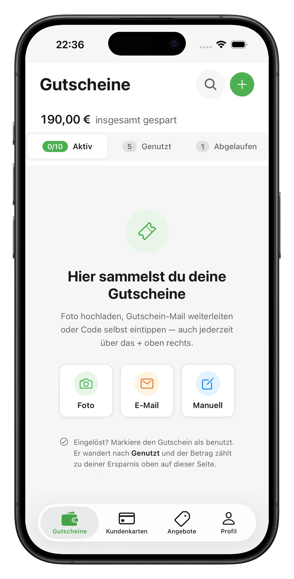 Gutscheinify-App mit noch leerer Gutscheinliste