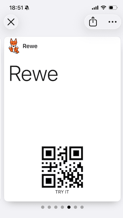 The Rewe loyalty card as a pass in Apple Wallet with a QR code