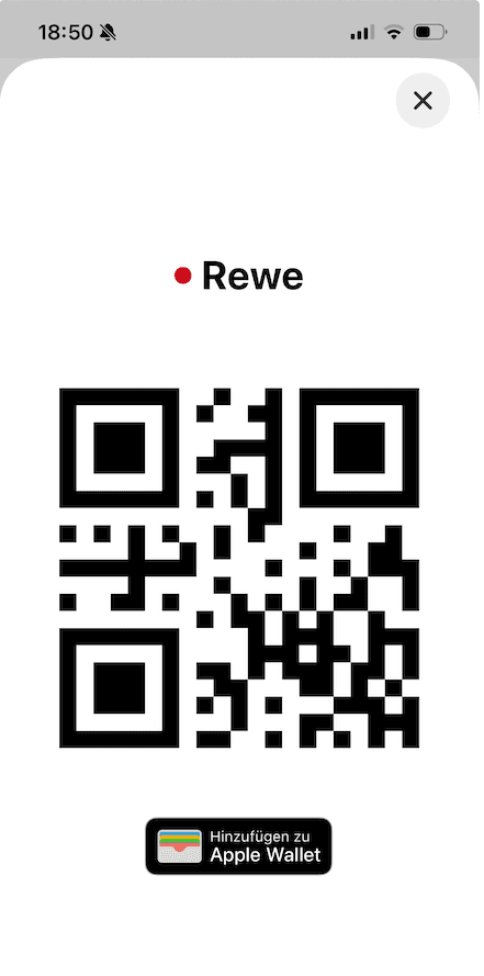 Gutscheinify shows the Rewe loyalty card as a QR code with the "Add to Apple Wallet" button