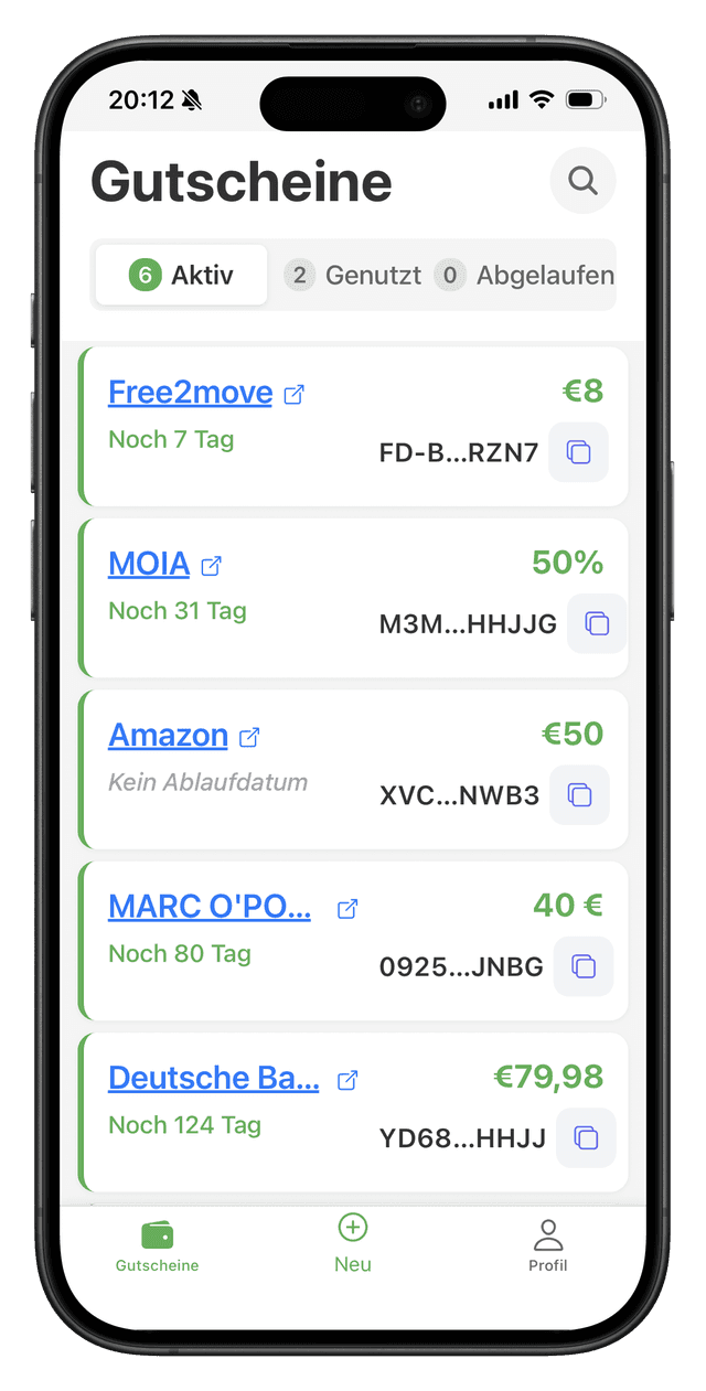 Gutscheinify App Startbildschirm mit Gutscheinliste