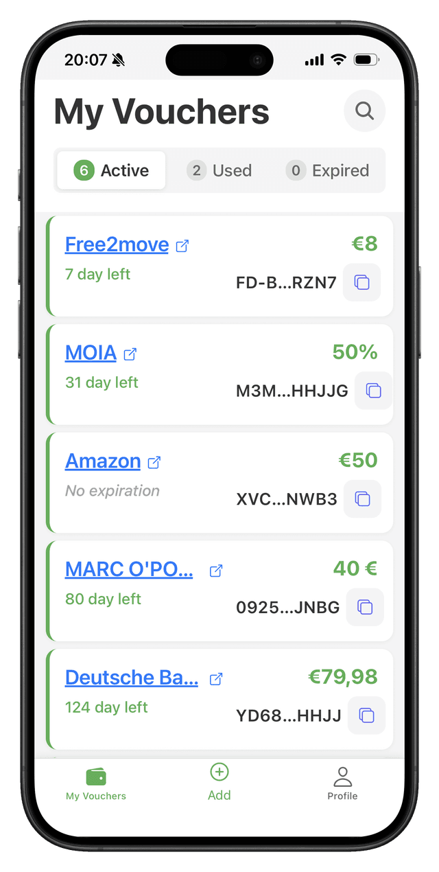 Gutscheinify app home screen showing voucher list