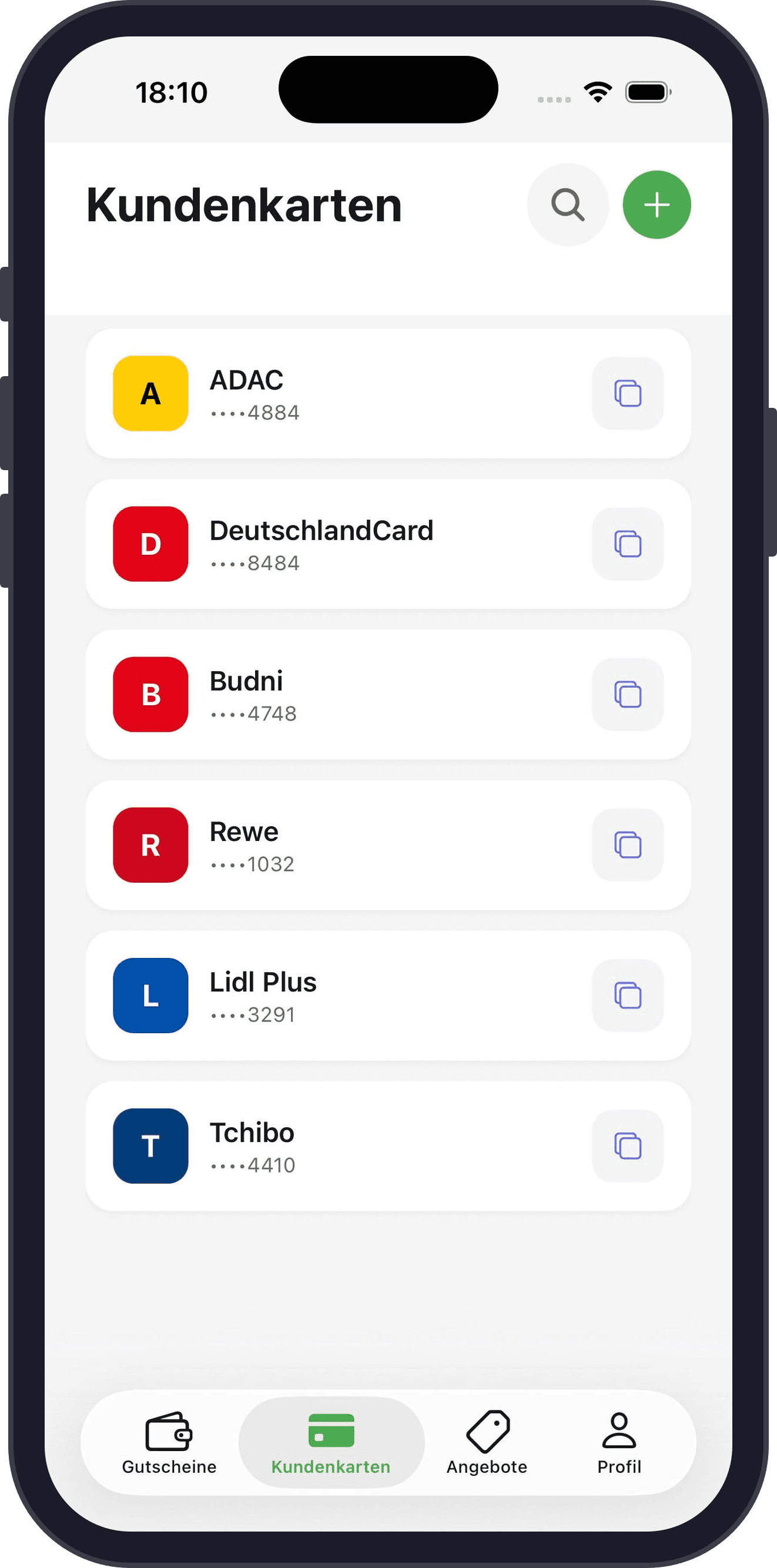 Kundenkarten-Übersicht mit ADAC, DeutschlandCard, Budni, Rewe, Lidl Plus und Tchibo